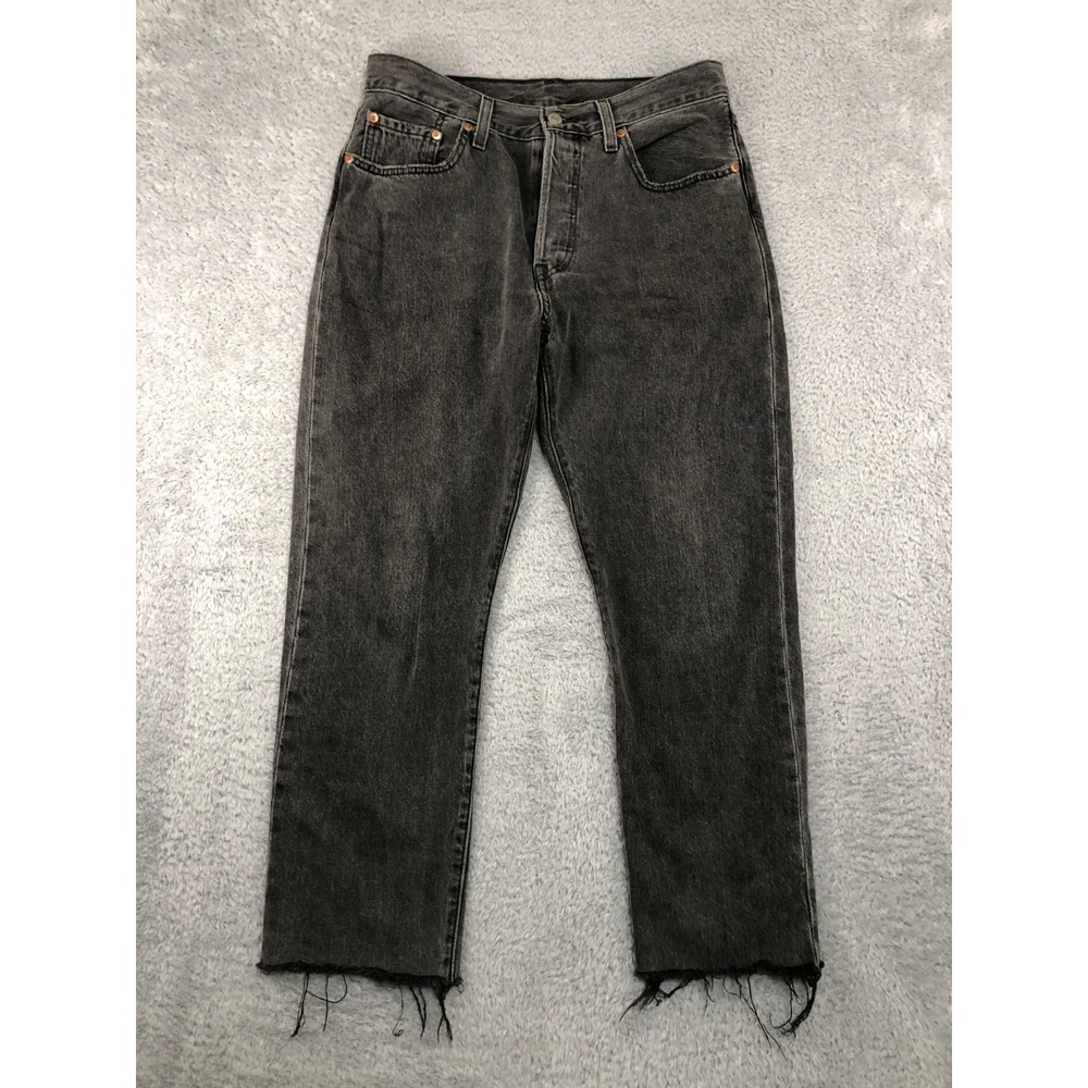 Levis 501 Jean Womens 31x25.5 (Tag 28x26) Black Original Cropped Distressed